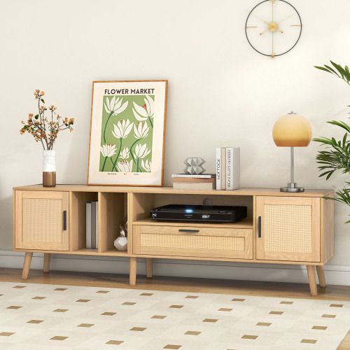 Meuble TV 180 Cm, Meuble TV En Bois Avec Décoration En Rotin, 2 Portes Et Un Tiroir