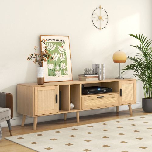 Meuble TV 180 Cm, Meuble TV En Bois Avec Décoration En Rotin, 2 Portes Et Un Tiroir