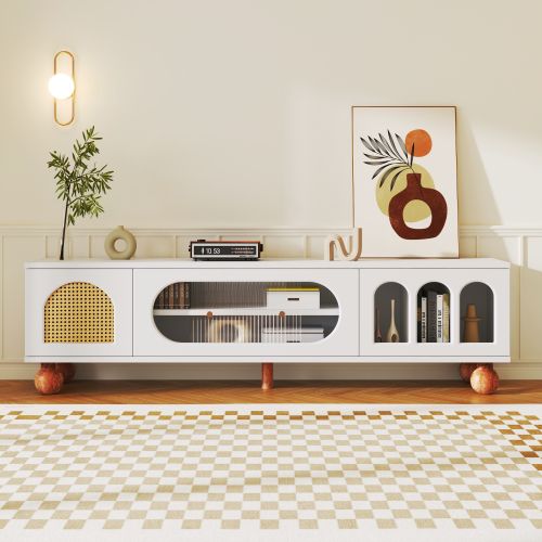 Meuble TV Blanc Avec Porte En Rotin, Porte Coulissante En Verre, 3 Zones Ouvertes, Pieds En Bois