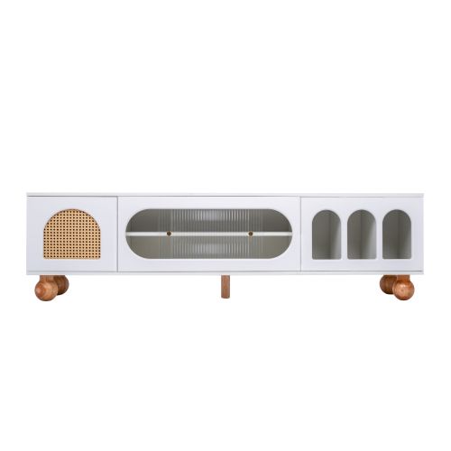 Meuble TV Blanc Avec Porte En Rotin, Porte Coulissante En Verre, 3 Zones Ouvertes, Pieds En Bois