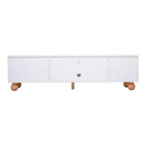Meuble TV Blanc Avec Porte En Rotin, Porte Coulissante En Verre, 3 Zones Ouvertes, Pieds En Bois