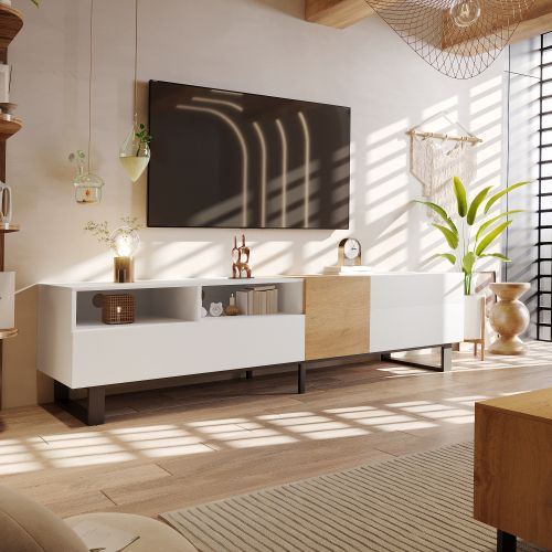 Meuble TV 180 Cm, Meuble TV Blanc Et Bois Avec 2 Rangements Ouverts Et 2 Tiroirs, Avec Caiser