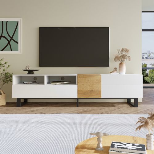 Meuble TV 180 Cm, Meuble TV Blanc Et Bois Avec 2 Rangements Ouverts Et 2 Tiroirs, Avec Caiser
