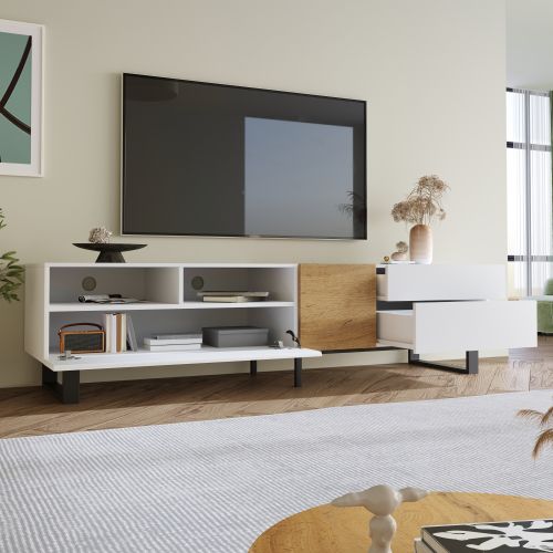 Meuble TV 180 Cm, Meuble TV Blanc Et Bois Avec 2 Rangements Ouverts Et 2 Tiroirs, Avec Caiser