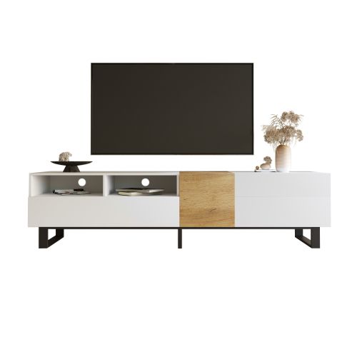 Meuble TV 180 Cm, Meuble TV Blanc Et Bois Avec 2 Rangements Ouverts Et 2 Tiroirs, Avec Caiser