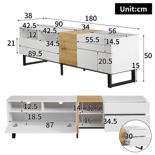 Meuble TV 180 Cm, Meuble TV Blanc Et Bois Avec 2 Rangements Ouverts Et 2 Tiroirs, Avec Caiser