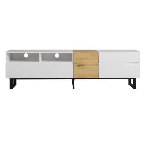 Meuble TV 180 Cm, Meuble TV Blanc Et Bois Avec 2 Rangements Ouverts Et 2 Tiroirs, Avec Caiser
