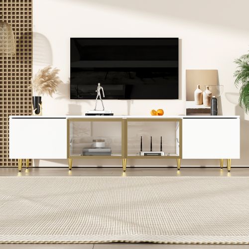 Meuble TV Blanc, Meuble TV Mural Avec 2 Portes Vitrées Et 2 Ciasers, Pieds En Métal