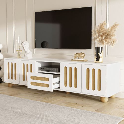 Meuble TV 180 Cm, Meuble TV Blanc Et Bois Avec 4 Portes, Tiroir Et Éclairage LED, Pieds Sphériques