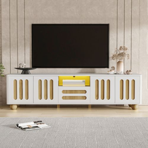 Meuble TV 180 Cm, Meuble TV Blanc Et Bois Avec 4 Portes, Tiroir Et Éclairage LED, Pieds Sphériques
