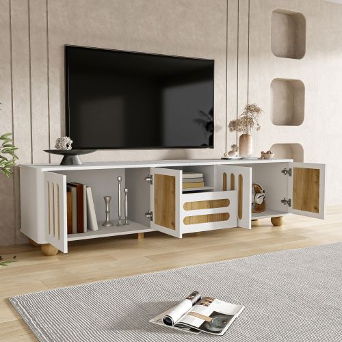 Meuble TV 180 Cm, Meuble TV Blanc Et Bois Avec 4 Portes, Tiroir Et Éclairage LED, Pieds Sphériques