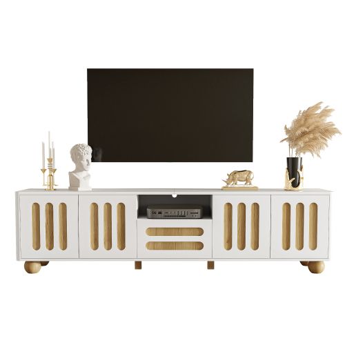 Meuble TV 180 Cm, Meuble TV Blanc Et Bois Avec 4 Portes, Tiroir Et Éclairage LED, Pieds Sphériques