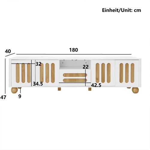 Meuble TV 180 Cm, Meuble TV Blanc Et Bois Avec 4 Portes, Tiroir Et Éclairage LED, Pieds Sphériques