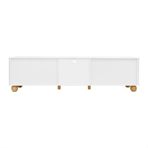 Meuble TV 180 Cm, Meuble TV Blanc Et Bois Avec 4 Portes, Tiroir Et Éclairage LED, Pieds Sphériques
