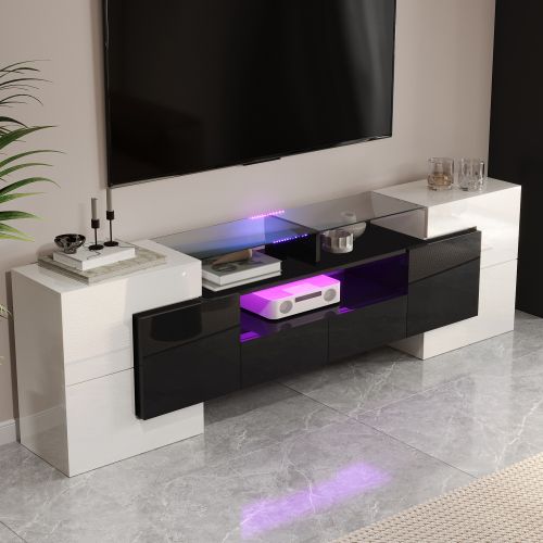 Meuble TV 200 Cm, Meuble TV Blanc Et Noir Avec LED, 3 Rangements Ouverts, 4 Casiers Et 2 Tiroirs