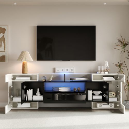 Meuble TV 200 Cm, Meuble TV Blanc Et Noir Avec LED, 3 Rangements Ouverts, 4 Casiers Et 2 Tiroirs