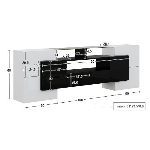 Meuble TV 200 Cm, Meuble TV Blanc Et Noir Avec LED, 3 Rangements Ouverts, 4 Casiers Et 2 Tiroirs