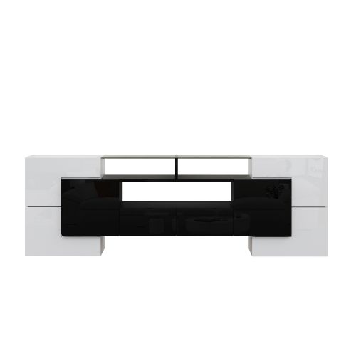 Meuble TV 200 Cm, Meuble TV Blanc Et Noir Avec LED, 3 Rangements Ouverts, 4 Casiers Et 2 Tiroirs