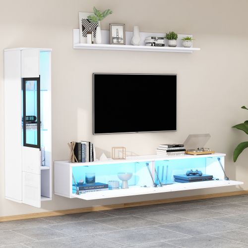 Ensemble De Meubles TV 3 Pièces Blanc Avec Éclairage LED, Vitrine De Salon, Étagère Suspendue