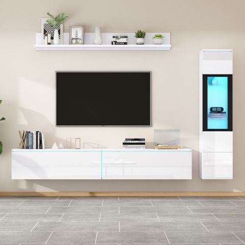 Ensemble De Meubles TV 3 Pièces Blanc Avec Éclairage LED, Vitrine De Salon, Étagère Suspendue