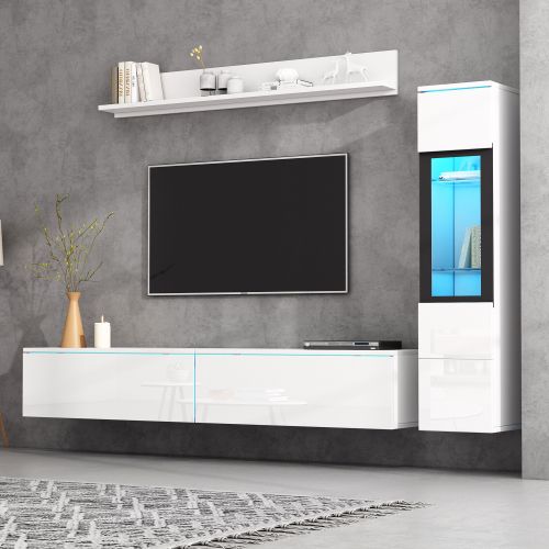 Ensemble De Meubles TV 3 Pièces Blanc Avec Éclairage LED, Vitrine De Salon, Étagère Suspendue
