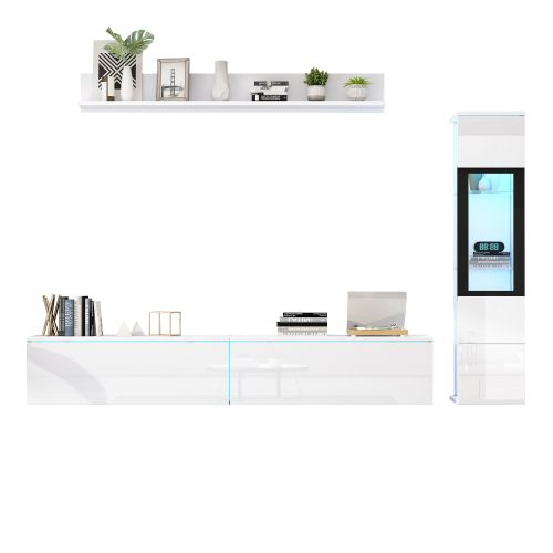 Ensemble De Meubles TV 3 Pièces Blanc Avec Éclairage LED, Vitrine De Salon, Étagère Suspendue