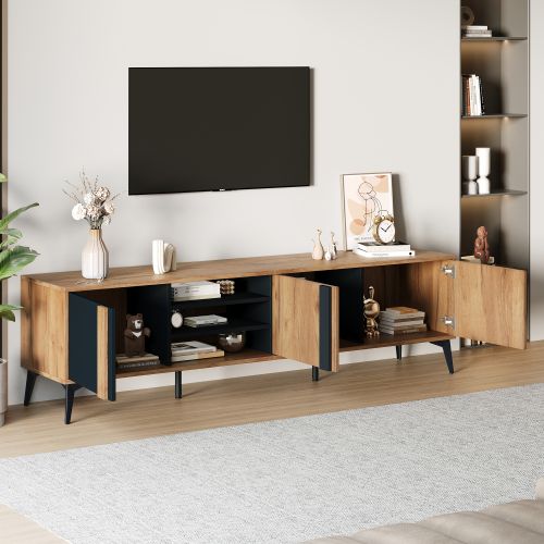 Meuble TV 180 Cm, Meuble TV Marron Et Noir Avec 3 Portes Et Compartiment Ouvert