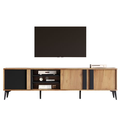 Meuble TV 180 Cm, Meuble TV Marron Et Noir Avec 3 Portes Et Compartiment Ouvert