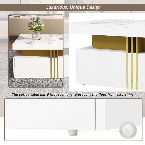 Ensemble De Meuble TV Blanc, Meuble TV Avec 3 Tiroir, Table Basse Avec 2 Tiroirs