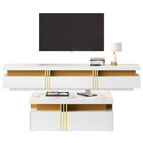 Ensemble De Meuble TV Blanc, Meuble TV Avec 3 Tiroir, Table Basse Avec 2 Tiroirs