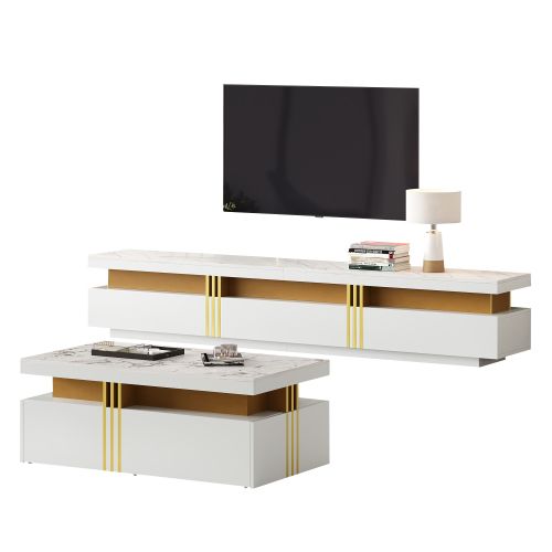 Ensemble De Meuble TV Blanc, Meuble TV Avec 3 Tiroir, Table Basse Avec 2 Tiroirs