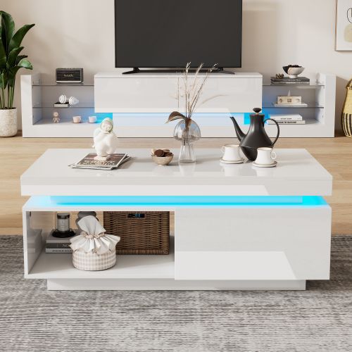 Ensemble De Meuble TV Blanc, Meuble TV Et Table Basse Avec LED, Rangements Ouverts Et Tiroir