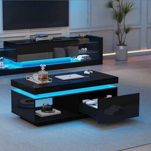Ensemble De Meuble TV Noir, Meuble TV Et Table Basse Avec LED, Rangements Ouverts Et Tiroir