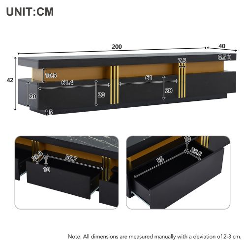 Meuble TV 200 Cm, Meuble TV Noir Avec 3 Tiroirs Et 1 Passe-câbles