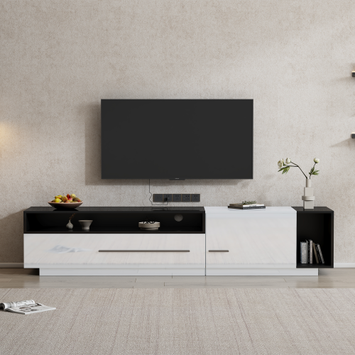 Meuble TV Blanc Et Noir, Meuble TV Bas Avec Tiroir, Caiser Et Rangements Ouverts