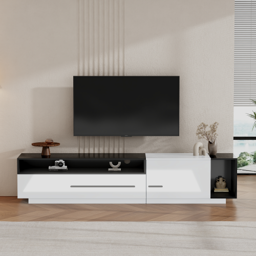 Meuble TV Blanc Et Noir, Meuble TV Bas Avec Tiroir, Caiser Et Rangements Ouverts