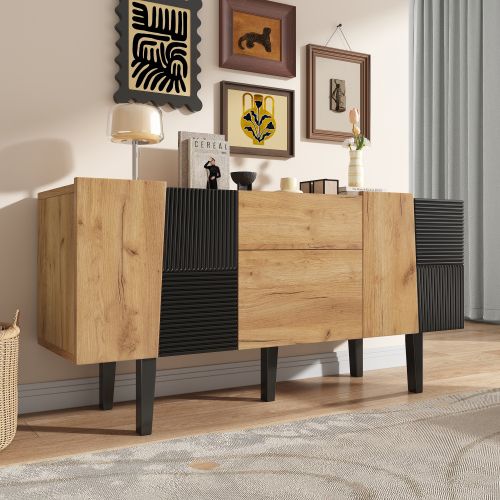 Meuble TV Bois Et Noir Avec 2 Tiroirs Et 4 Portes, Pieds En Bois