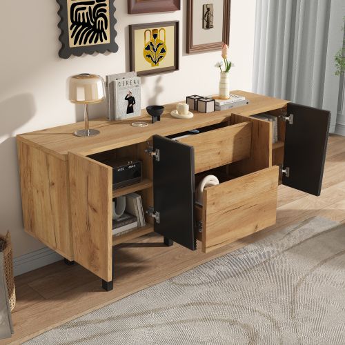 Meuble TV Bois Et Noir Avec 2 Tiroirs Et 4 Portes, Pieds En Bois