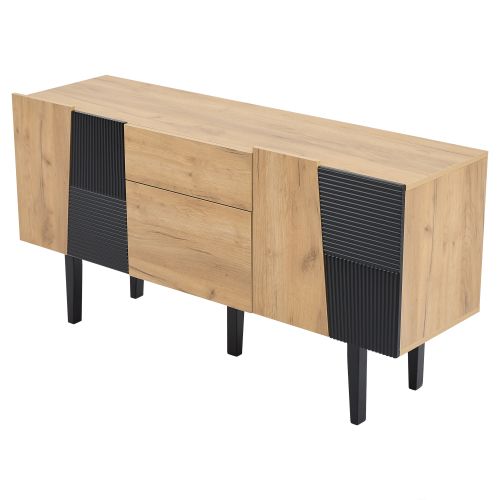 Meuble TV Bois Et Noir Avec 2 Tiroirs Et 4 Portes, Pieds En Bois