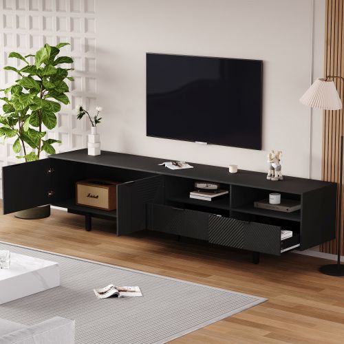 Meuble TV 200 Cm, Meuble TV Noir Avec Casier, 2 Tiroirs Et 2 Rangements Ouverts