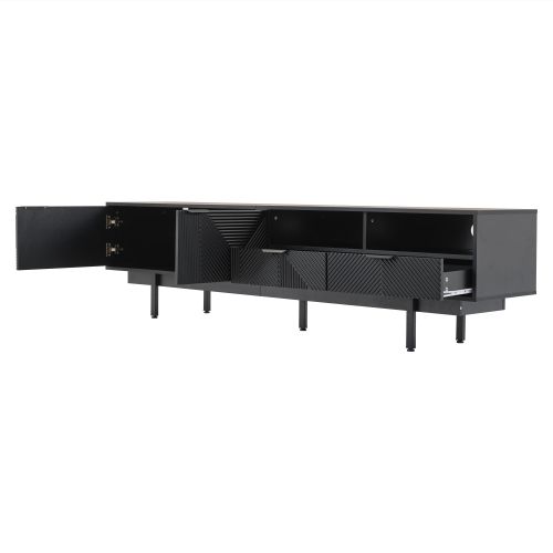 Meuble TV 200 Cm, Meuble TV Noir Avec Casier, 2 Tiroirs Et 2 Rangements Ouverts