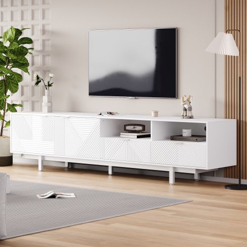 Meuble TV 200 Cm, Meuble TV Blanc Avec Casier, 2 Tiroirs Et 2 Rangements Ouverts