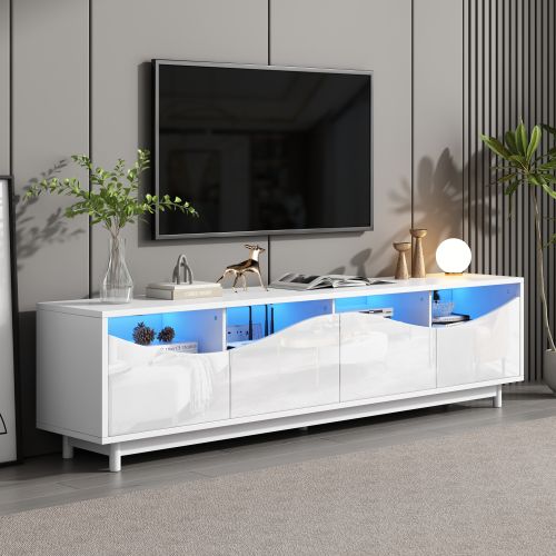 Meuble TV Blanc Avec 4 Portes En Verre Trempé Et 4 Étagères, Éclairage LED