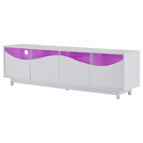 Meuble TV Blanc Avec 4 Portes En Verre Trempé Et 4 Étagères, Éclairage LED