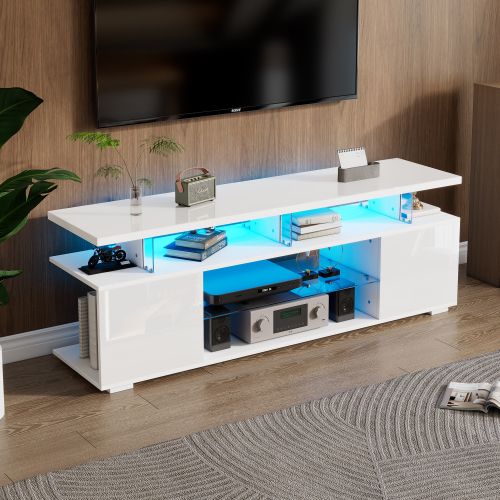 Meuble TV Blanc Avec Éclairage LED, Des Rangements Ouverts, Étagères En Verre