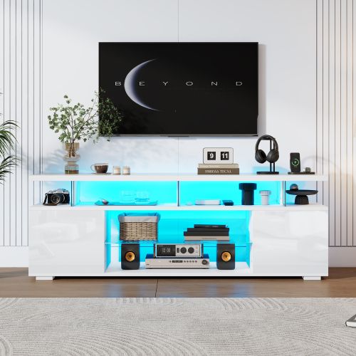 Meuble TV Blanc Avec Éclairage LED, Des Rangements Ouverts, Étagères En Verre