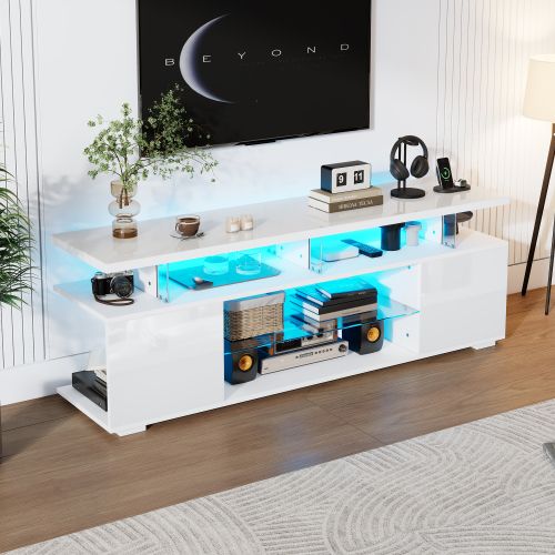 Meuble TV Blanc Avec Éclairage LED, Des Rangements Ouverts, Étagères En Verre