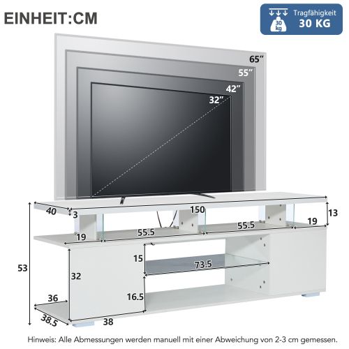 Meuble TV Blanc Avec Éclairage LED, Des Rangements Ouverts, Étagères En Verre