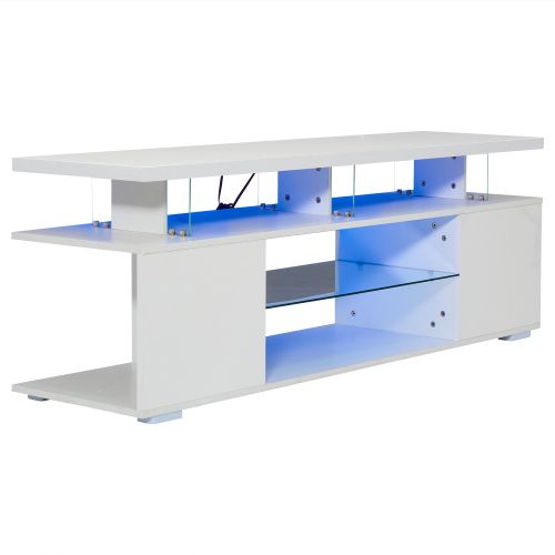 Meuble TV Blanc Avec Éclairage LED, Des Rangements Ouverts, Étagères En Verre