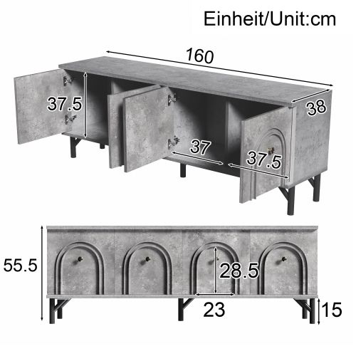 Meuble TV Gris Avec 4 Portes, Conception Incurvée, Charnières à Fermeture Douce